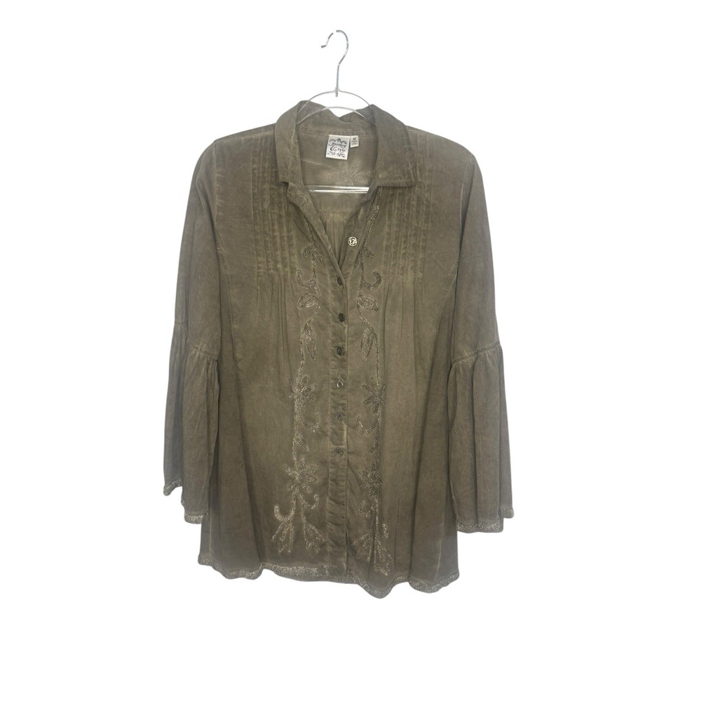 Parsley & Sage Green Boho Acid Wash Embroidered Button Front Tunic Shirt Size M